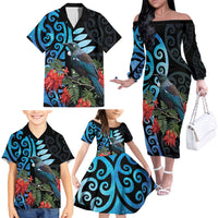 Tui Bird Kakabeak New Zealand Family Matching Off The Shoulder Long Sleeve Dress and Hawaiian Shirt Clianthus Galaxy Maori Koru Pattern LT22 - Polynesian Pride