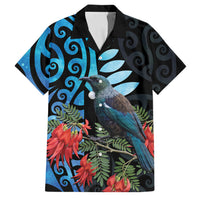 Tui Bird Kakabeak New Zealand Family Matching Off The Shoulder Long Sleeve Dress and Hawaiian Shirt Clianthus Galaxy Maori Koru Pattern LT22 Dad's Shirt - Short Sleeve Blue - Polynesian Pride