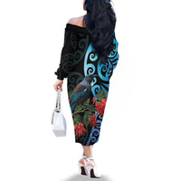 Tui Bird Kakabeak New Zealand Family Matching Off The Shoulder Long Sleeve Dress and Hawaiian Shirt Clianthus Galaxy Maori Koru Pattern LT22 - Polynesian Pride