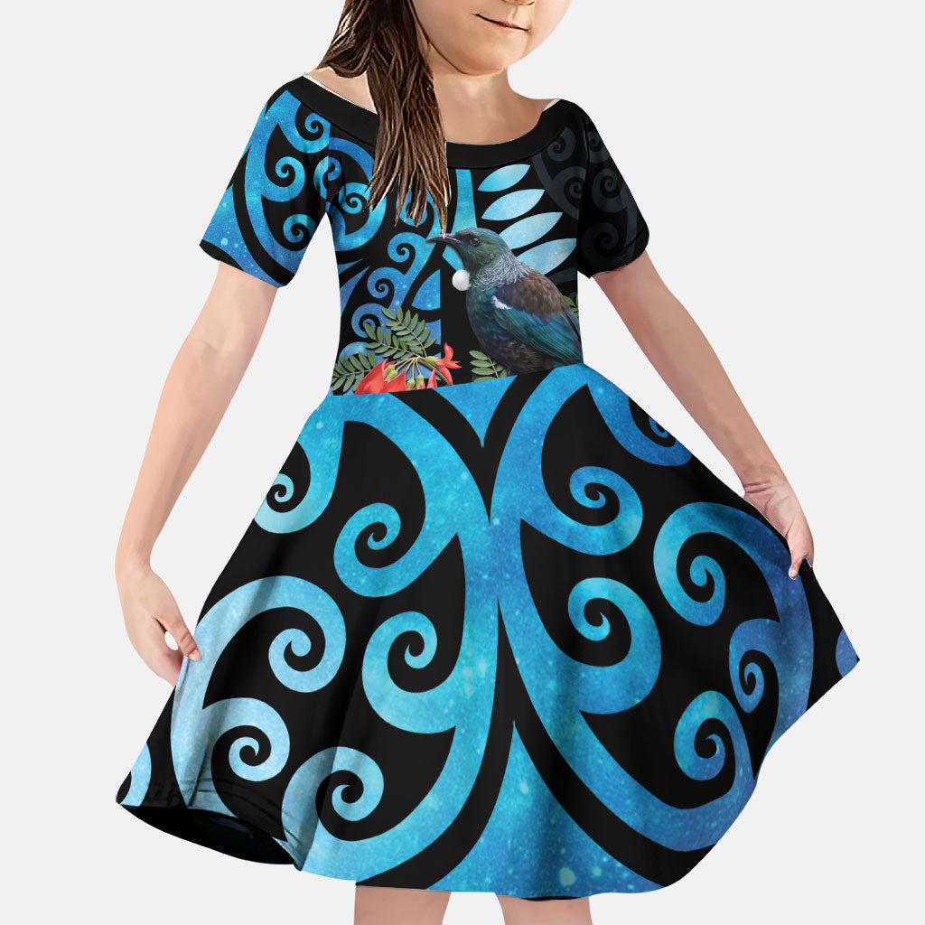 Tui Bird Kakabeak New Zealand Family Matching Off Shoulder Maxi Dress and Hawaiian Shirt Clianthus Galaxy Maori Koru Pattern LT22 Daughter's Dress Blue - Polynesian Pride