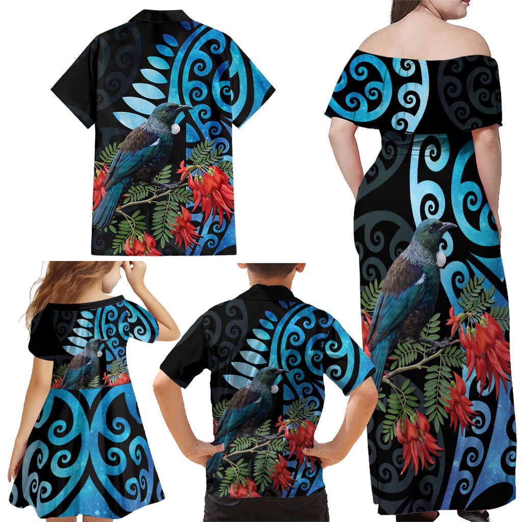 Tui Bird Kakabeak New Zealand Family Matching Off Shoulder Maxi Dress and Hawaiian Shirt Clianthus Galaxy Maori Koru Pattern LT22 - Polynesian Pride