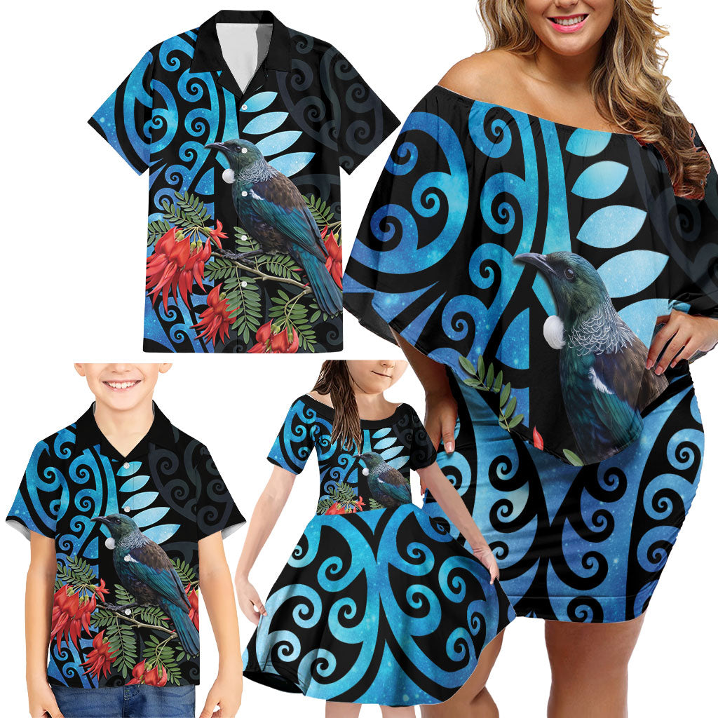 Tui Bird Kakabeak New Zealand Family Matching Off Shoulder Short Dress and Hawaiian Shirt Clianthus Galaxy Maori Koru Pattern LT22 - Polynesian Pride