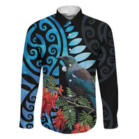 Tui Bird Kakabeak New Zealand Family Matching Puletasi and Hawaiian Shirt Clianthus Galaxy Maori Koru Pattern LT22 Dad's Shirt - Long Sleeve Blue - Polynesian Pride