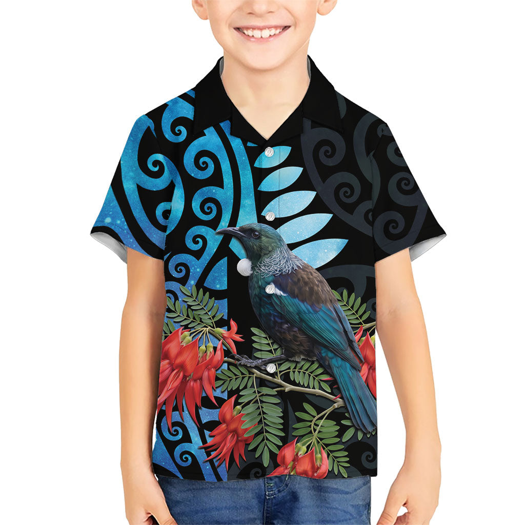 Tui Bird Kakabeak New Zealand Family Matching Puletasi and Hawaiian Shirt Clianthus Galaxy Maori Koru Pattern LT22 Son's Shirt Blue - Polynesian Pride