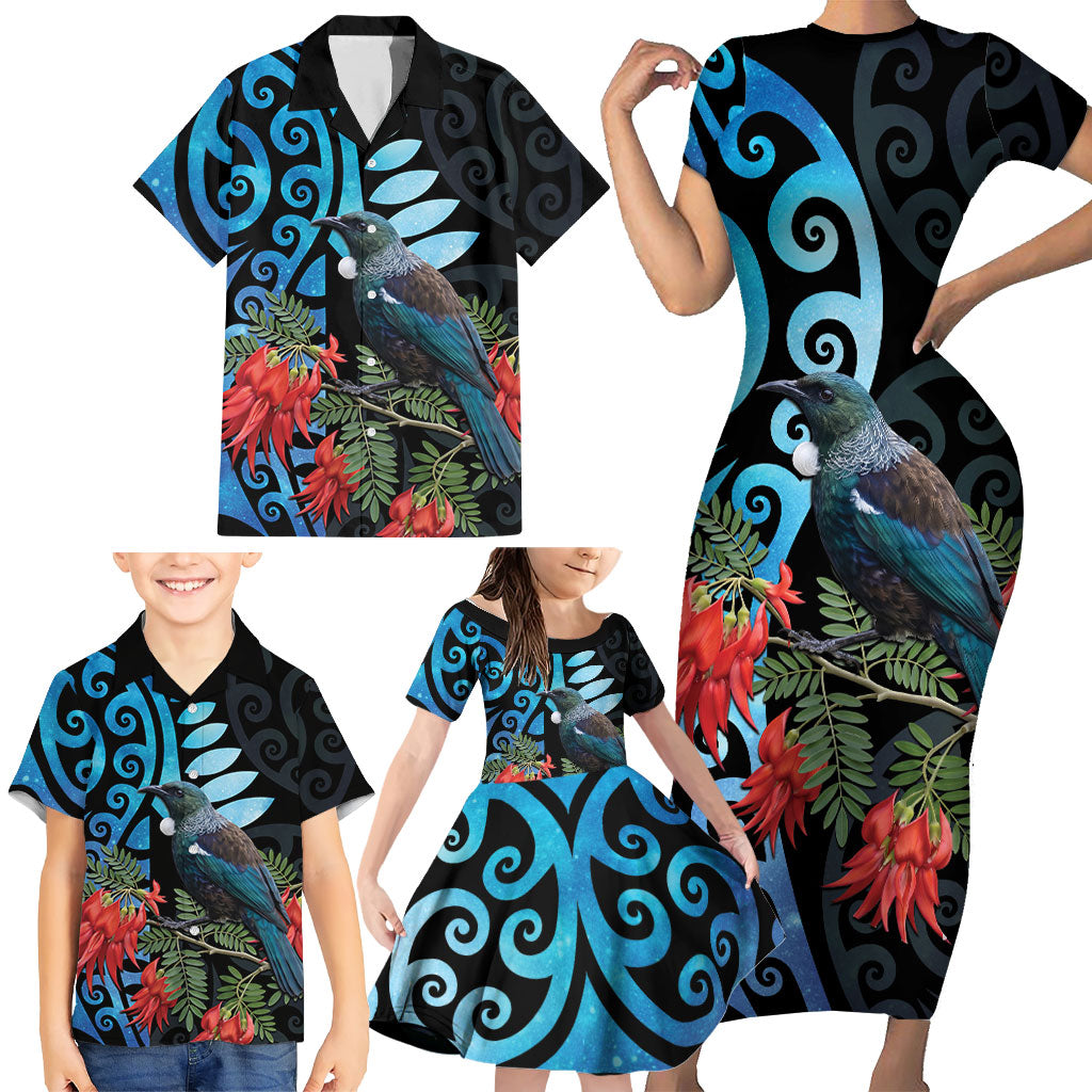 Tui Bird Kakabeak New Zealand Family Matching Short Sleeve Bodycon Dress and Hawaiian Shirt Clianthus Galaxy Maori Koru Pattern LT22 - Polynesian Pride