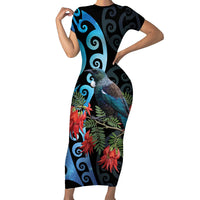 Tui Bird Kakabeak New Zealand Family Matching Short Sleeve Bodycon Dress and Hawaiian Shirt Clianthus Galaxy Maori Koru Pattern LT22 Mom's Dress Blue - Polynesian Pride