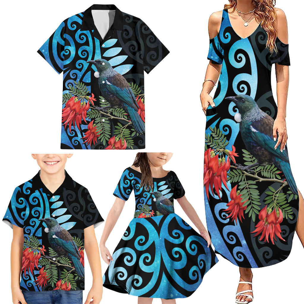 Tui Bird Kakabeak New Zealand Family Matching Summer Maxi Dress and Hawaiian Shirt Clianthus Galaxy Maori Koru Pattern LT22 - Polynesian Pride