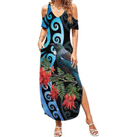Tui Bird Kakabeak New Zealand Family Matching Summer Maxi Dress and Hawaiian Shirt Clianthus Galaxy Maori Koru Pattern LT22 Mom's Dress Blue - Polynesian Pride
