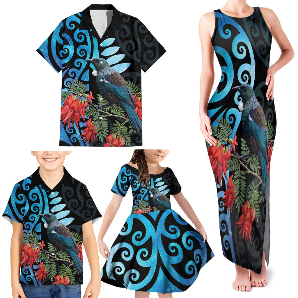 Tui Bird Kakabeak New Zealand Family Matching Tank Maxi Dress and Hawaiian Shirt Clianthus Galaxy Maori Koru Pattern LT22 - Polynesian Pride