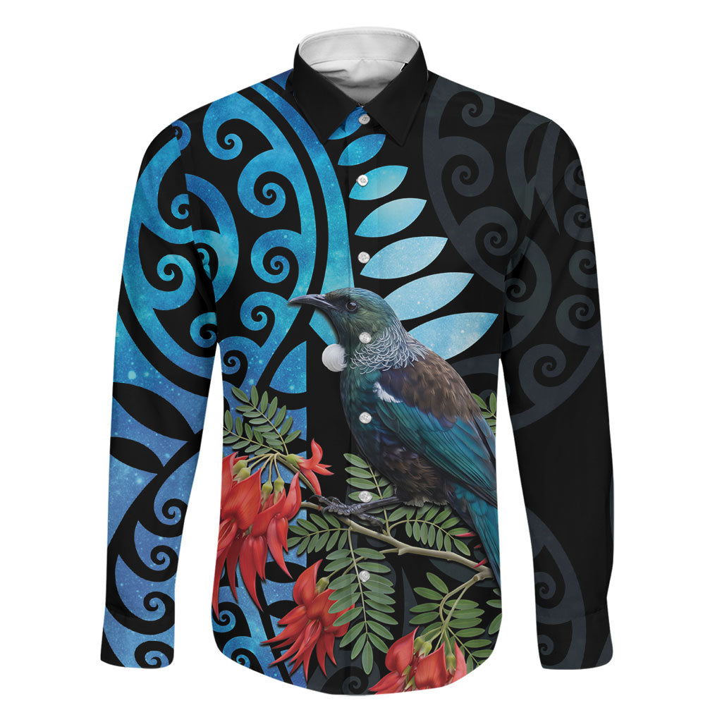 Tui Bird Kakabeak New Zealand Family Matching Tank Maxi Dress and Hawaiian Shirt Clianthus Galaxy Maori Koru Pattern LT22 Dad's Shirt - Long Sleeve Blue - Polynesian Pride