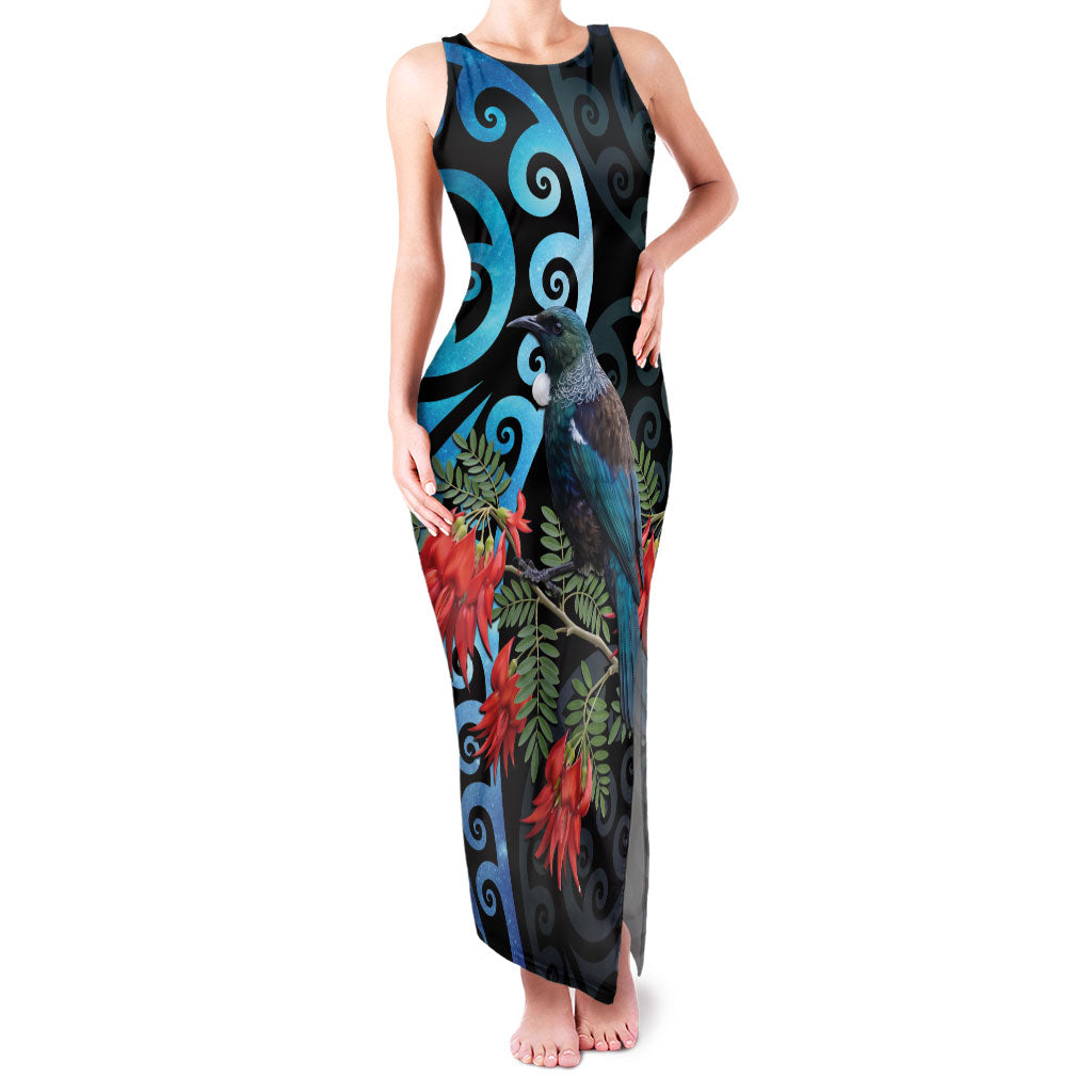 Tui Bird Kakabeak New Zealand Family Matching Tank Maxi Dress and Hawaiian Shirt Clianthus Galaxy Maori Koru Pattern LT22 Mom's Dress Blue - Polynesian Pride