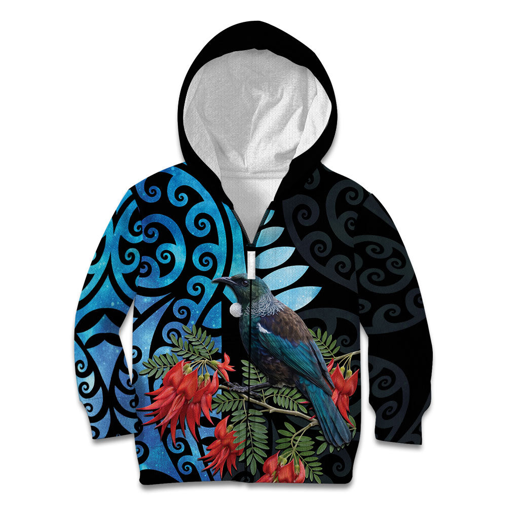 Tui Bird Kakabeak New Zealand Kid Hoodie Clianthus Galaxy Maori Koru Pattern