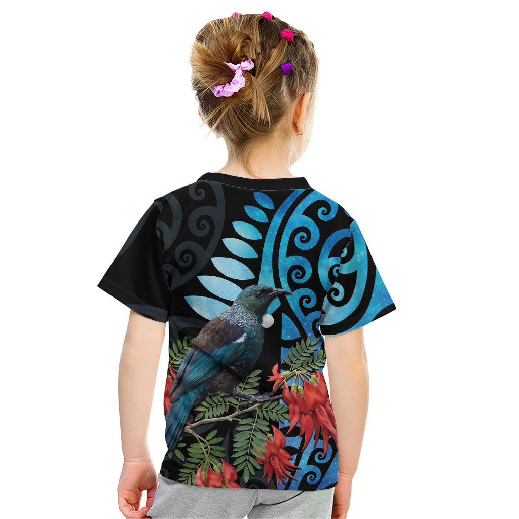 Tui Bird Kakabeak New Zealand Kid T Shirt Clianthus Galaxy Maori Koru Pattern