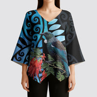 Tui Bird Kakabeak New Zealand Kimono Sleeve Blouse Clianthus Galaxy Maori Koru Pattern