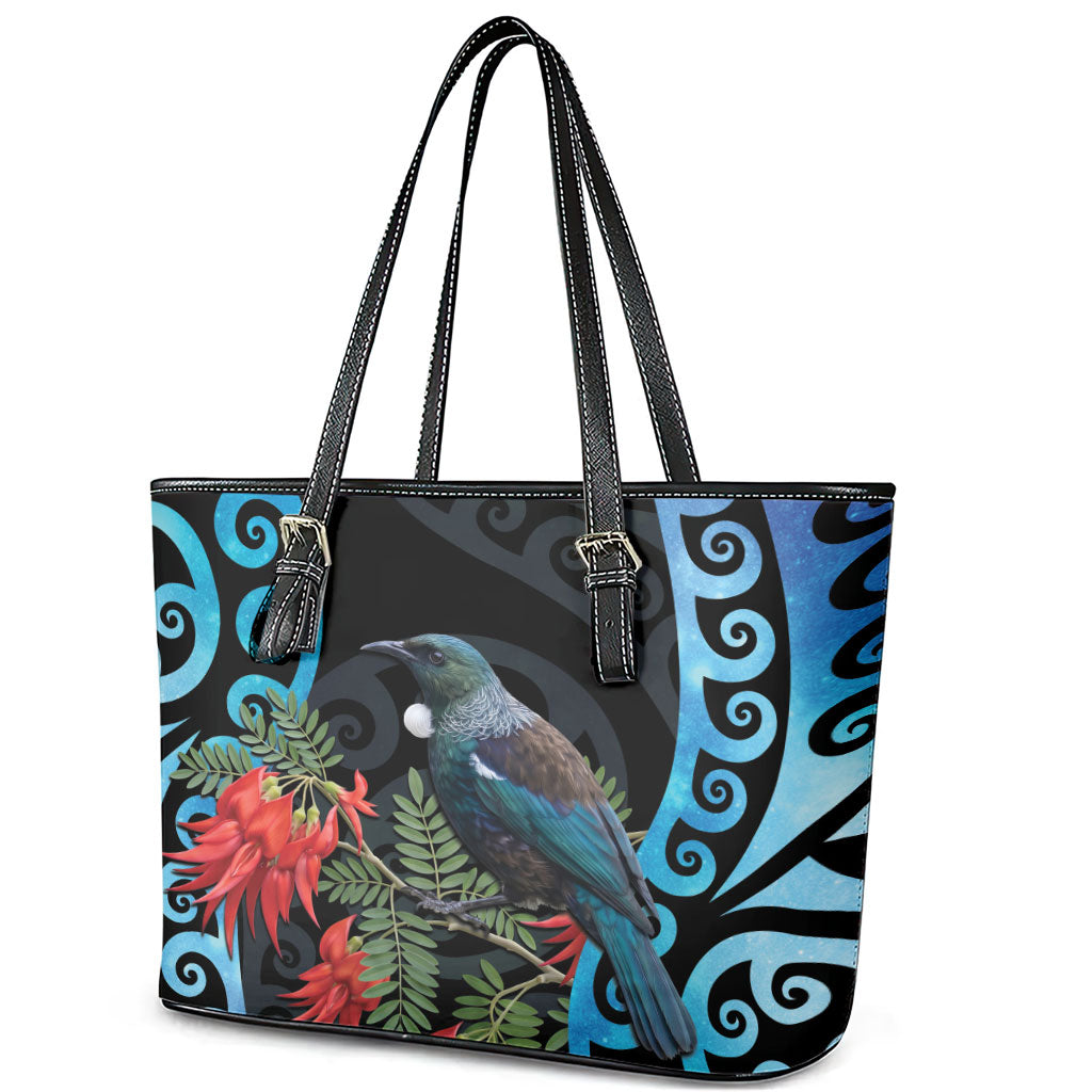 Tui Bird Kakabeak New Zealand Leather Tote Bag Clianthus Galaxy Maori Koru Pattern