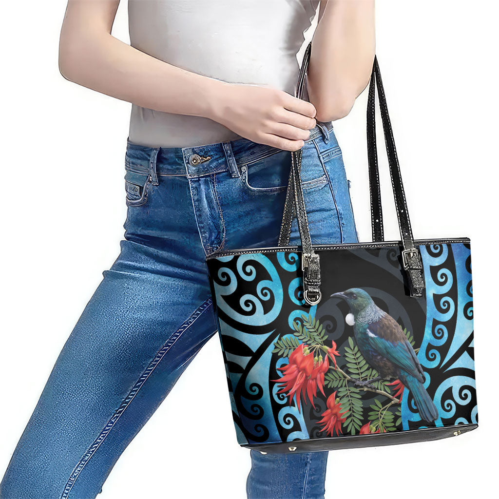 Tui Bird Kakabeak New Zealand Leather Tote Bag Clianthus Galaxy Maori Koru Pattern