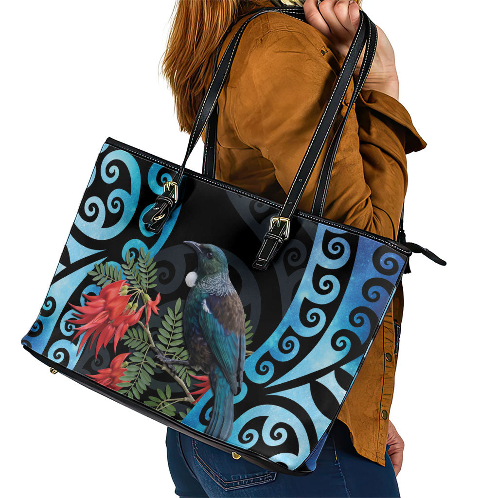Tui Bird Kakabeak New Zealand Leather Tote Bag Clianthus Galaxy Maori Koru Pattern