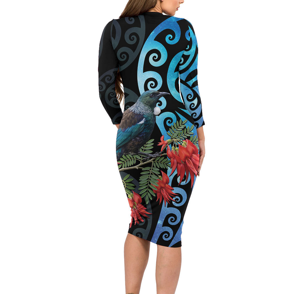 Tui Bird Kakabeak New Zealand Long Sleeve Bodycon Dress Clianthus Galaxy Maori Koru Pattern LT22 - Polynesian Pride