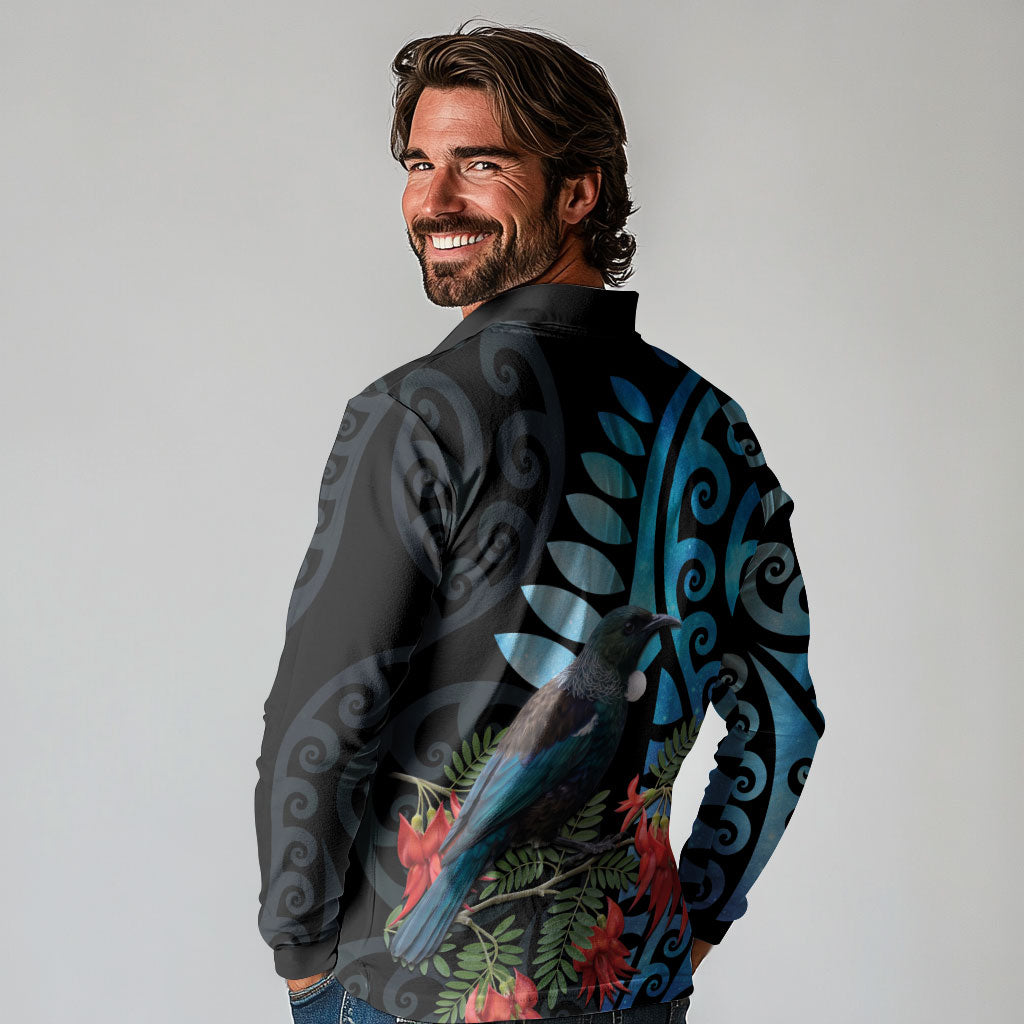 Tui Bird Kakabeak New Zealand Long Sleeve Polo Shirt Clianthus Galaxy Maori Koru Pattern LT22 - Polynesian Pride