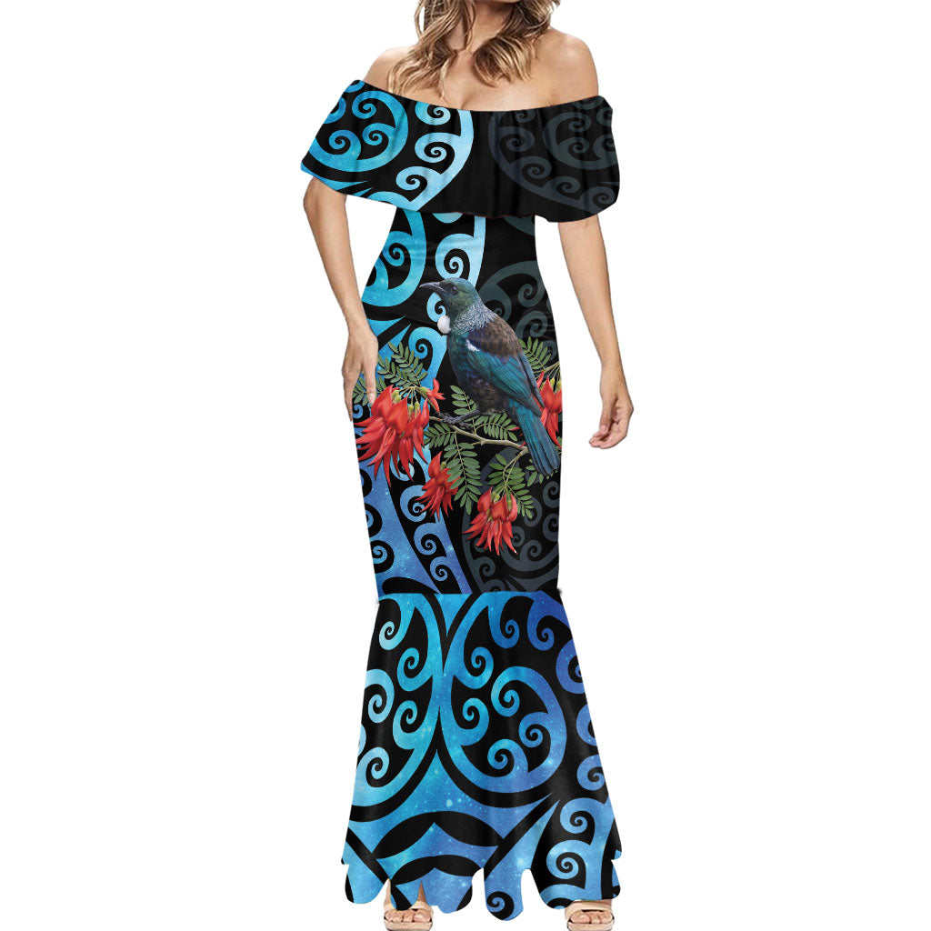 Tui Bird Kakabeak New Zealand Mermaid Dress Clianthus Galaxy Maori Koru Pattern LT22 - Polynesian Pride