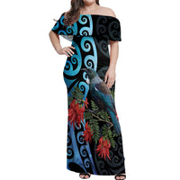 Tui Bird Kakabeak New Zealand Off Shoulder Maxi Dress Clianthus Galaxy Maori Koru Pattern