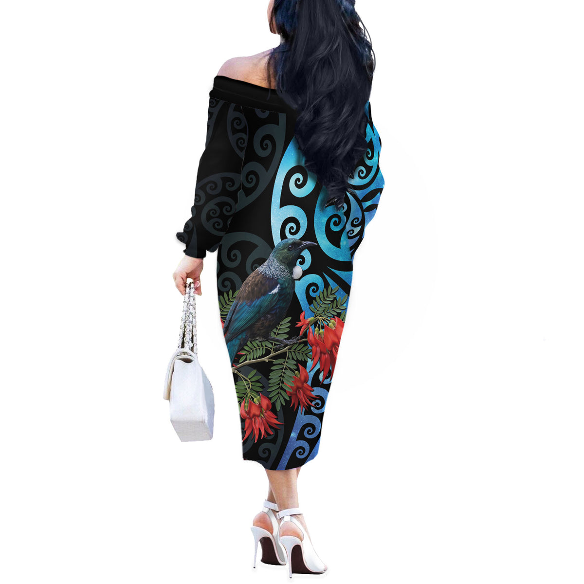 Tui Bird Kakabeak New Zealand Off The Shoulder Long Sleeve Dress Clianthus Galaxy Maori Koru Pattern LT22 - Polynesian Pride