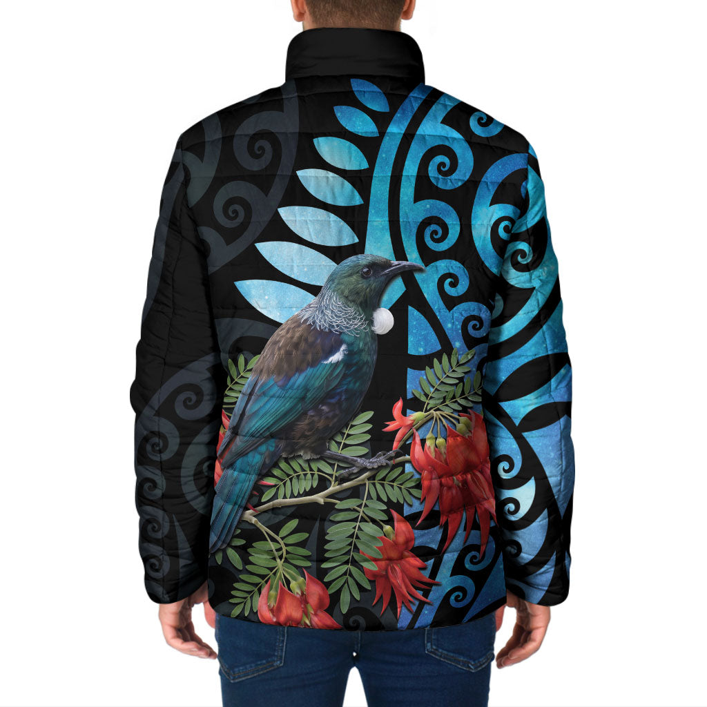 Tui Bird Kakabeak New Zealand Padded Jacket Clianthus Galaxy Maori Koru Pattern