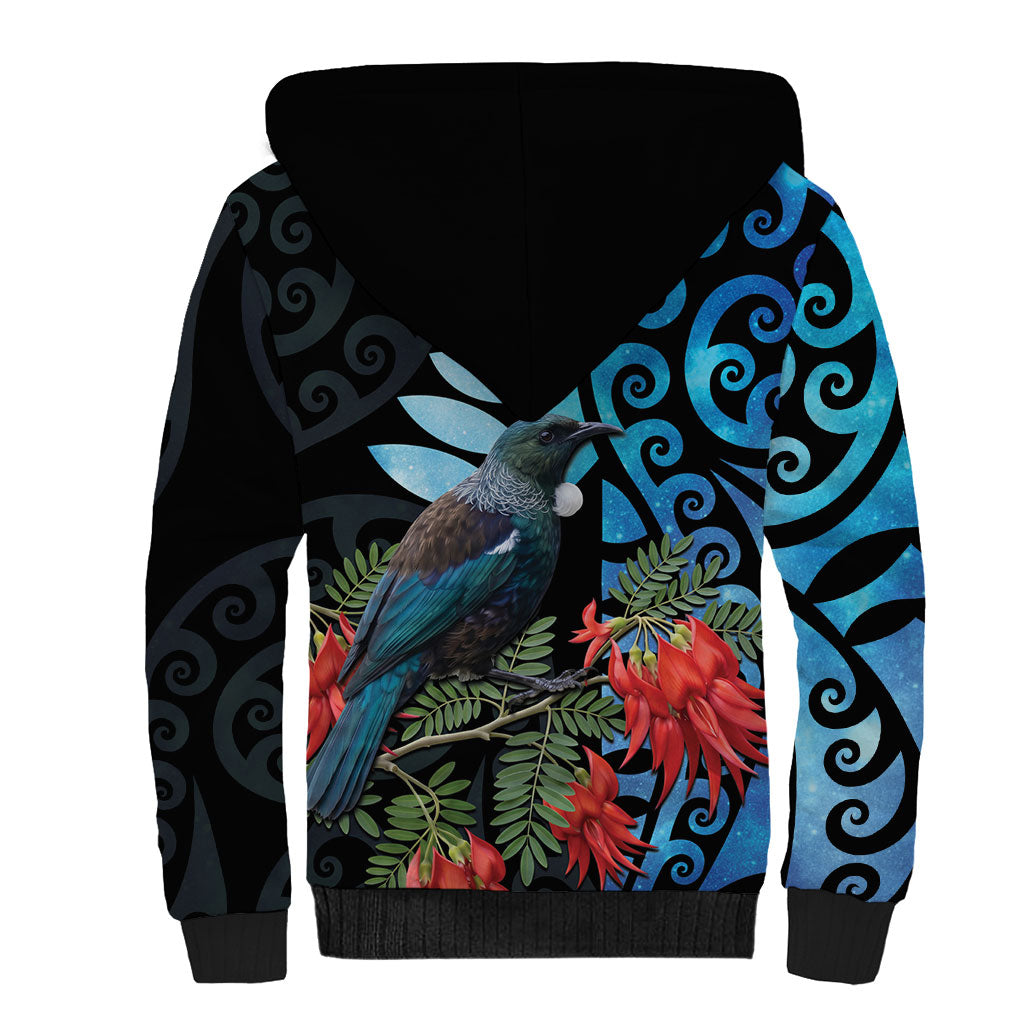 Tui Bird Kakabeak New Zealand Sherpa Hoodie Clianthus Galaxy Maori Koru Pattern LT22 - Polynesian Pride