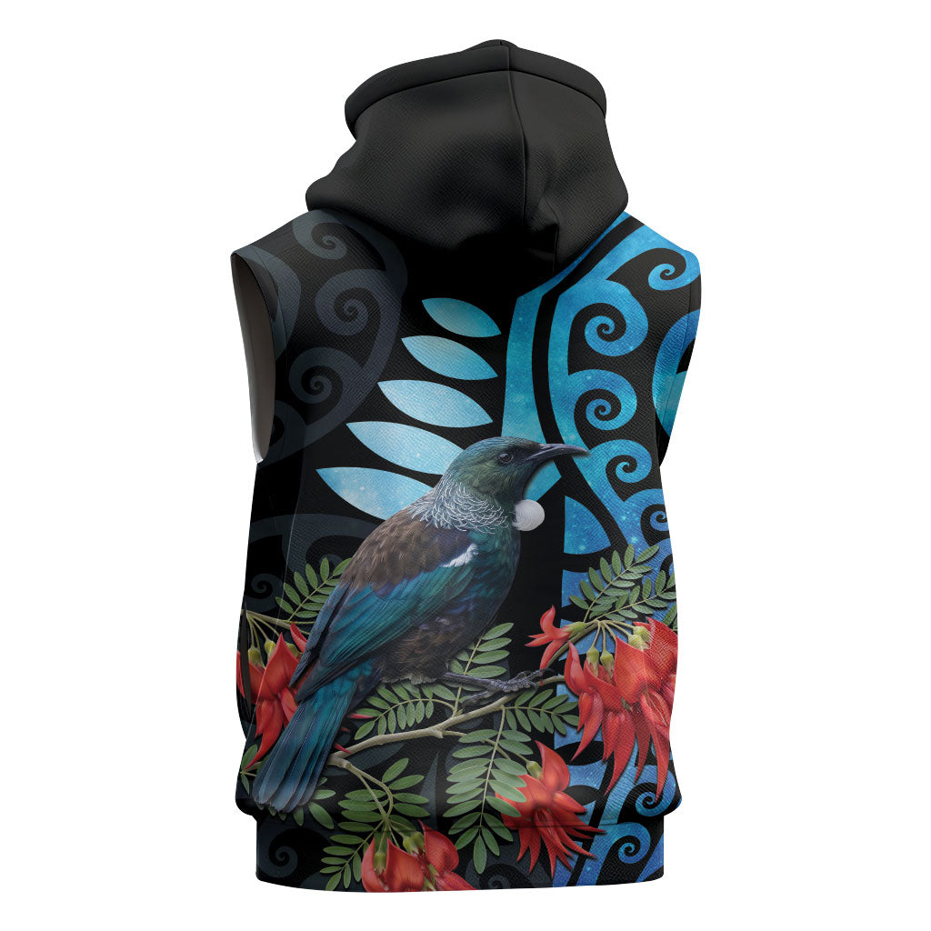 Tui Bird Kakabeak New Zealand Sleeveless Hoodie Clianthus Galaxy Maori Koru Pattern LT22 - Polynesian Pride