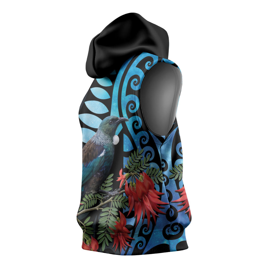 Tui Bird Kakabeak New Zealand Sleeveless Hoodie Clianthus Galaxy Maori Koru Pattern LT22 - Polynesian Pride