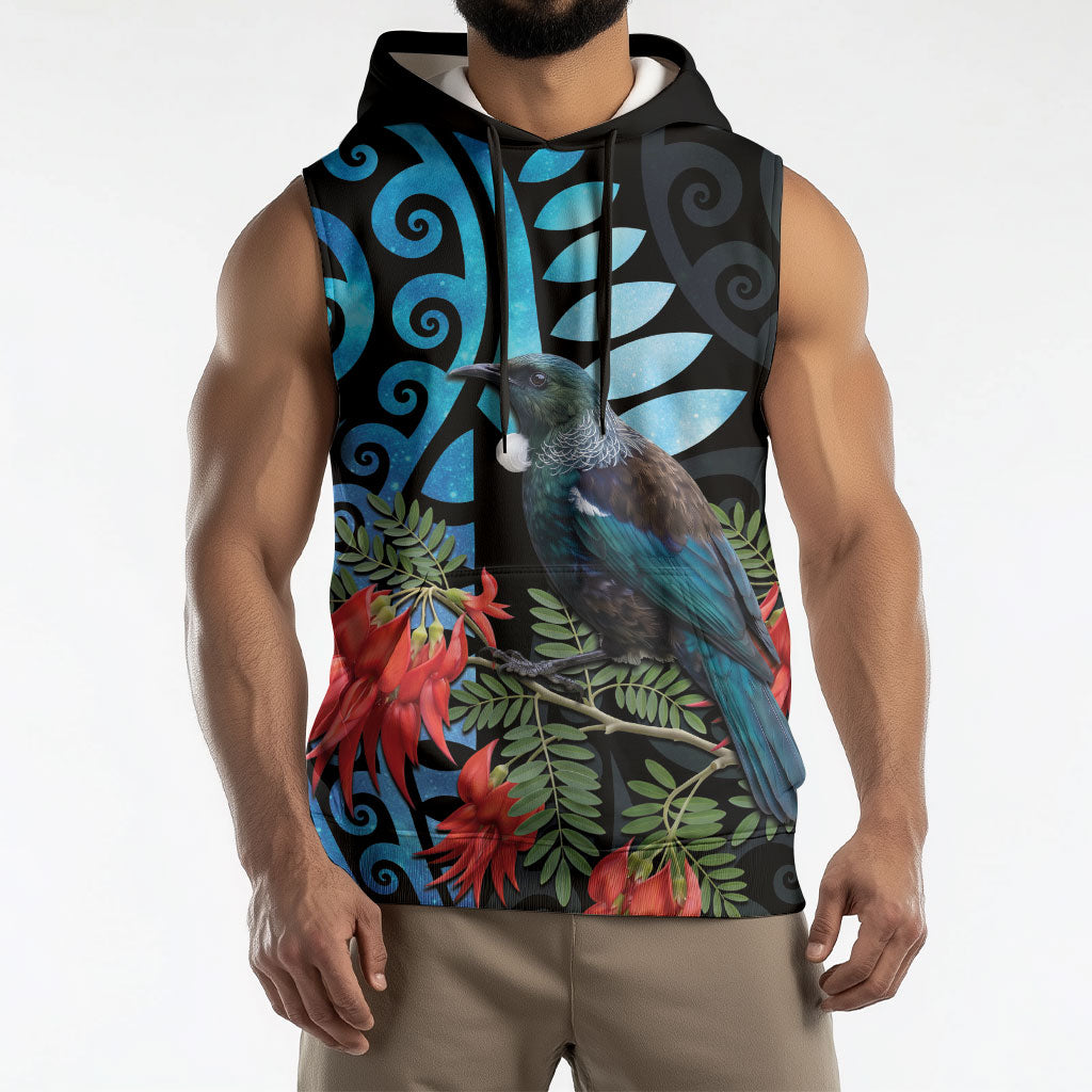 Tui Bird Kakabeak New Zealand Sleeveless Hoodie Clianthus Galaxy Maori Koru Pattern LT22 - Polynesian Pride