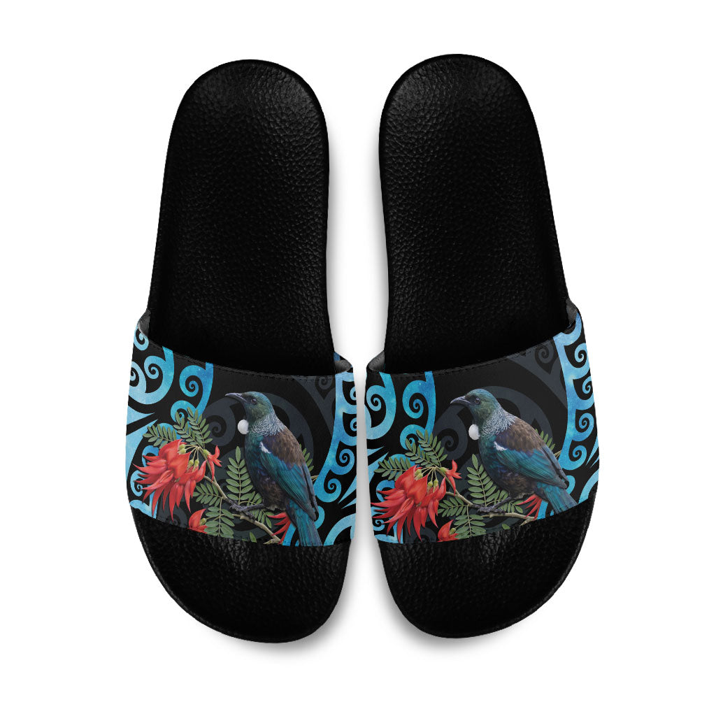 Tui Bird Kakabeak New Zealand Slide Sandals Clianthus Galaxy Maori Koru Pattern LT22 Blue - Polynesian Pride