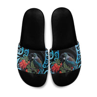 Tui Bird Kakabeak New Zealand Slide Sandals Clianthus Galaxy Maori Koru Pattern LT22 Blue - Polynesian Pride