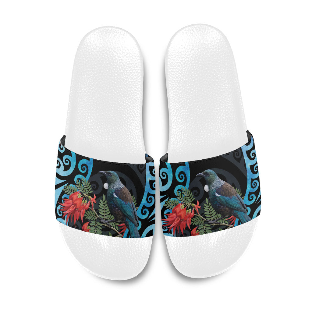 Tui Bird Kakabeak New Zealand Slide Sandals Clianthus Galaxy Maori Koru Pattern LT22 Blue - Polynesian Pride