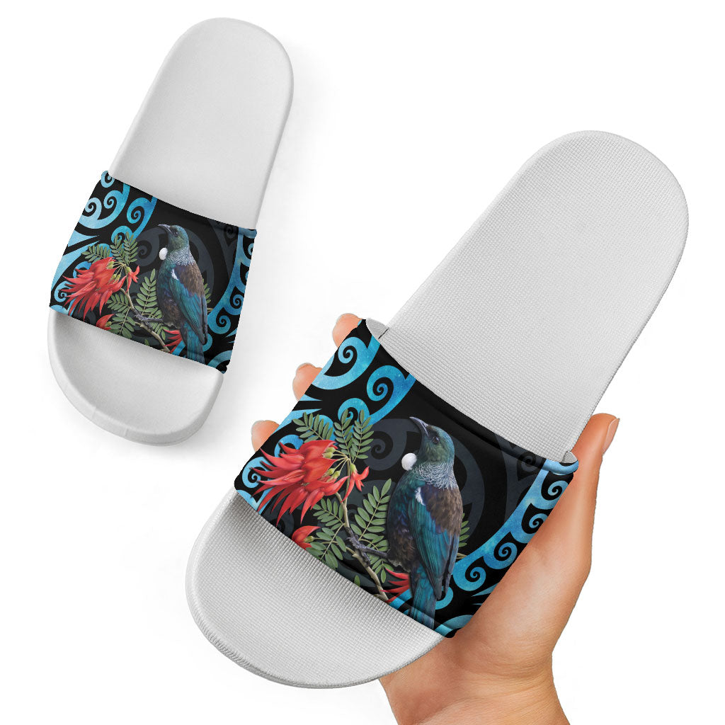 Tui Bird Kakabeak New Zealand Slide Sandals Clianthus Galaxy Maori Koru Pattern LT22 - Polynesian Pride