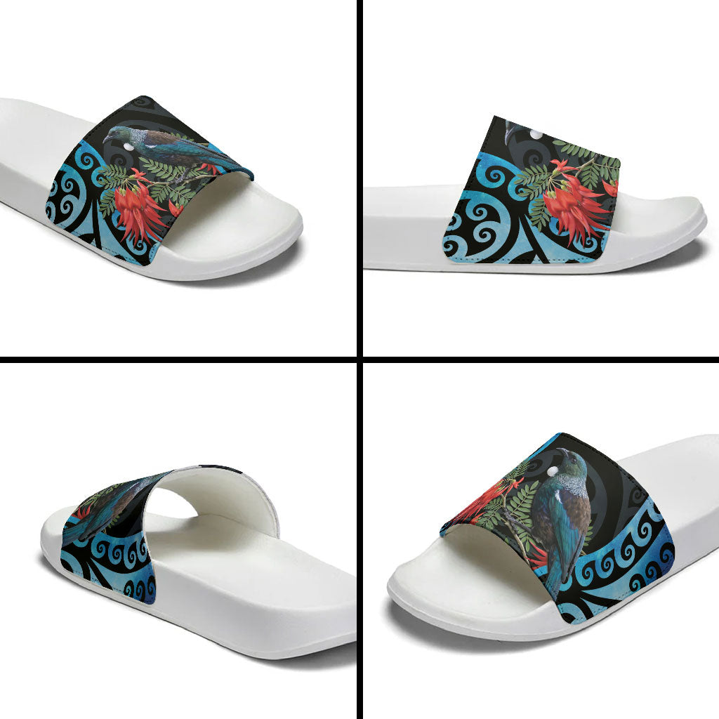 Tui Bird Kakabeak New Zealand Slide Sandals Clianthus Galaxy Maori Koru Pattern LT22 - Polynesian Pride