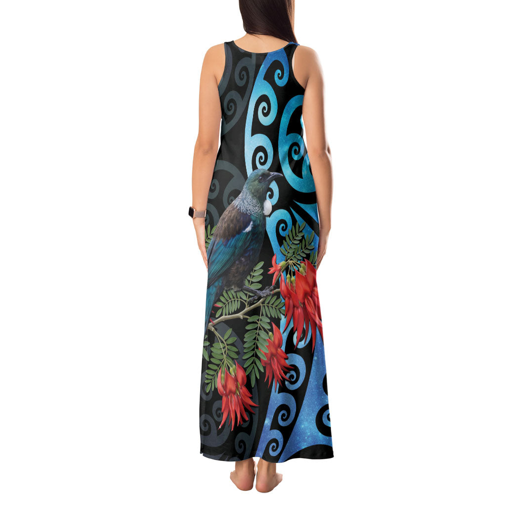 Tui Bird Kakabeak New Zealand Tank Maxi Dress Clianthus Galaxy Maori Koru Pattern