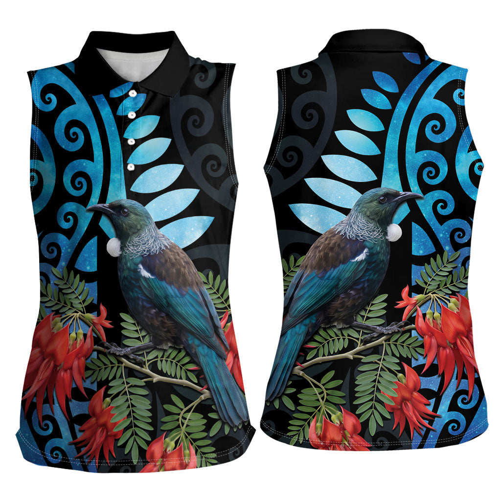Tui Bird Kakabeak New Zealand Women Sleeveless Polo Shirt Clianthus Galaxy Maori Koru Pattern LT22 - Polynesian Pride