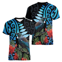 Tui Bird Kakabeak New Zealand Women V-Neck T-Shirt Clianthus Galaxy Maori Koru Pattern LT22 - Polynesian Pride