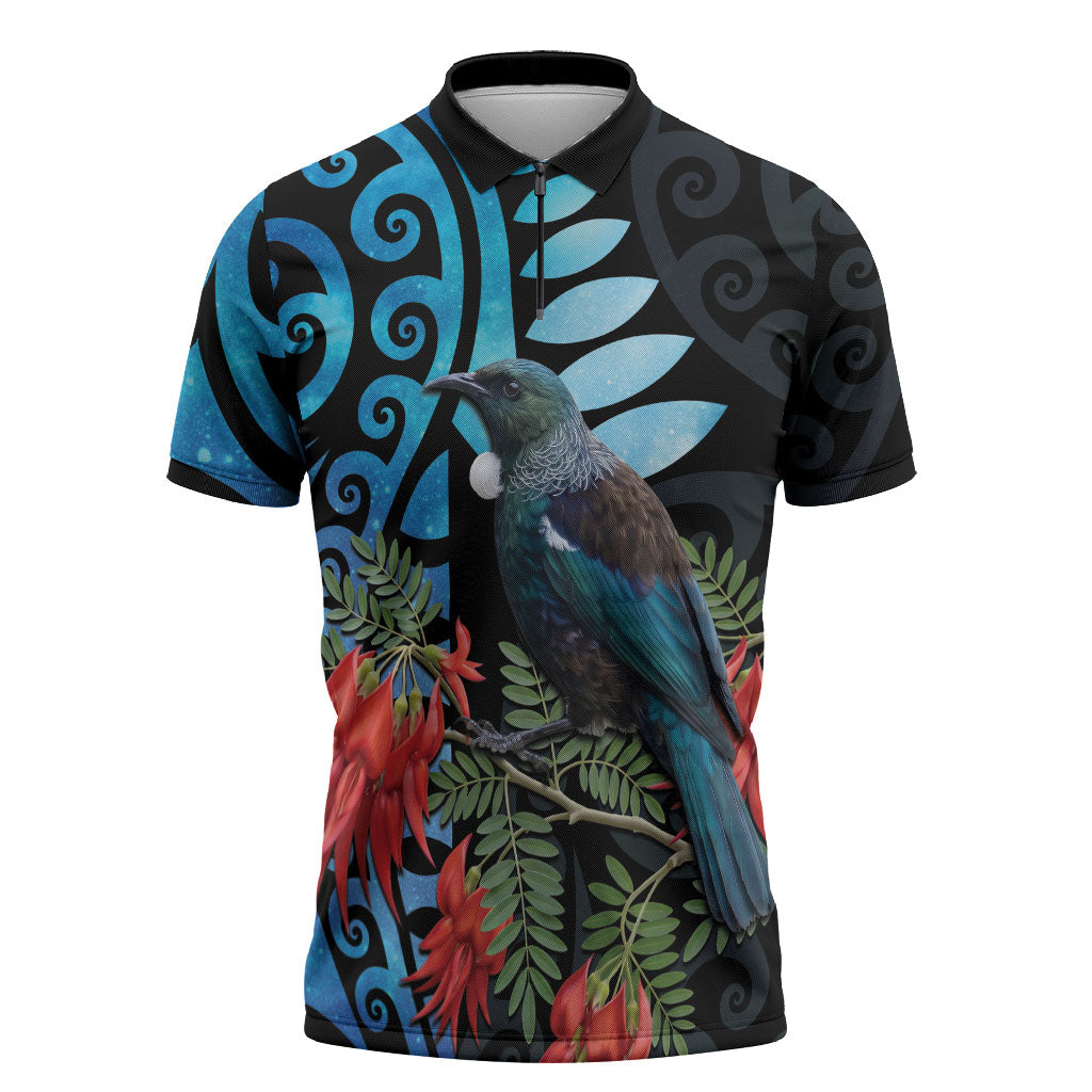 Tui Bird Kakabeak New Zealand Zipper Polo Shirt Clianthus Galaxy Maori Koru Pattern LT22 Blue - Polynesian Pride