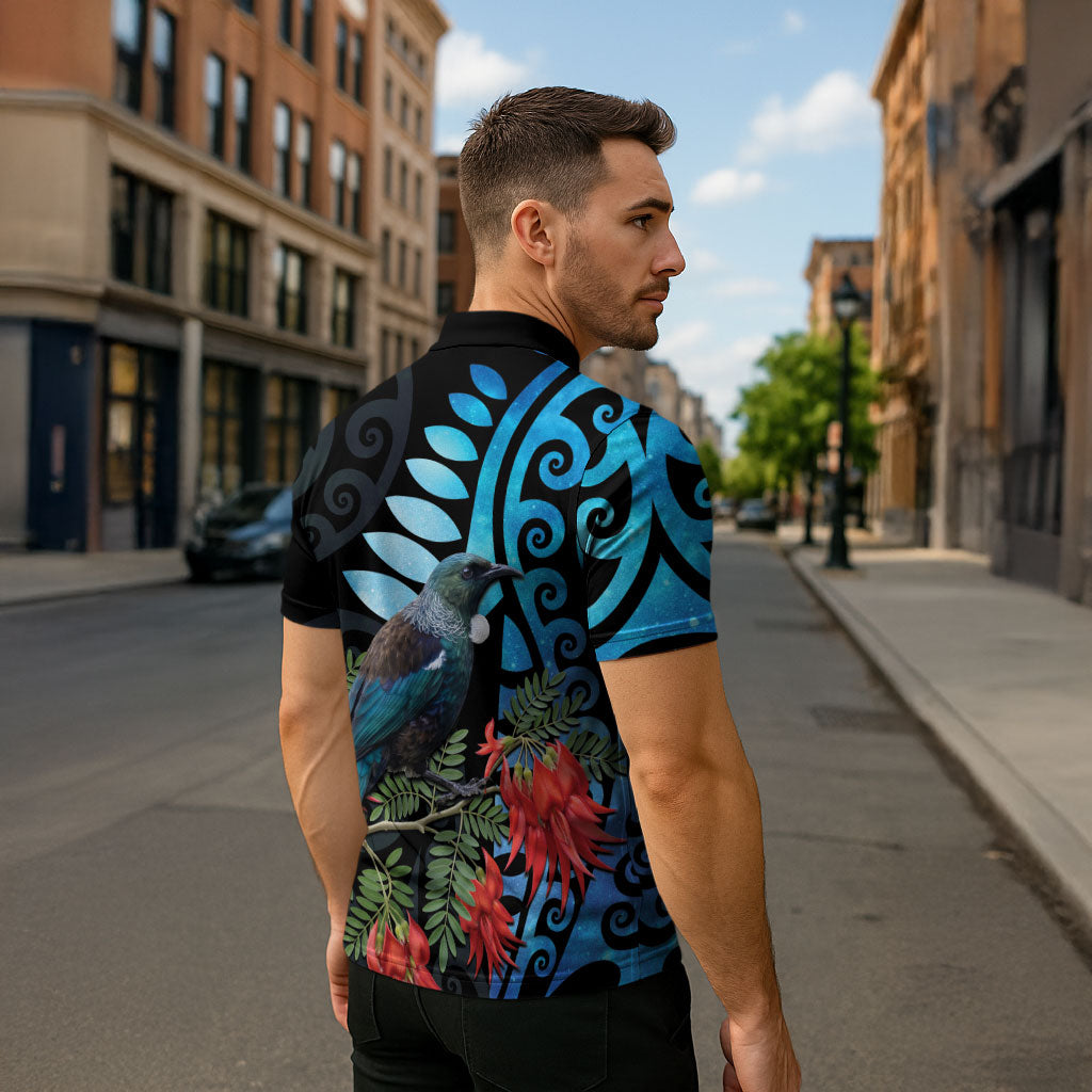 Tui Bird Kakabeak New Zealand Zipper Polo Shirt Clianthus Galaxy Maori Koru Pattern LT22 - Polynesian Pride