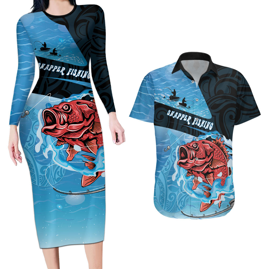 Personalised Snapper Fishing New Zealand Couples Matching Long Sleeve Bodycon Dress and Hawaiian Shirt Tamure Fish Hook Maori Pattern