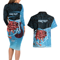 Personalised Snapper Fishing New Zealand Couples Matching Long Sleeve Bodycon Dress and Hawaiian Shirt Tamure Fish Hook Maori Pattern LT22 - Polynesian Pride