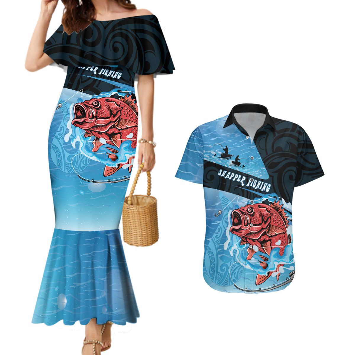 Personalised Snapper Fishing New Zealand Couples Matching Mermaid Dress and Hawaiian Shirt Tamure Fish Hook Maori Pattern LT22 Blue - Polynesian Pride