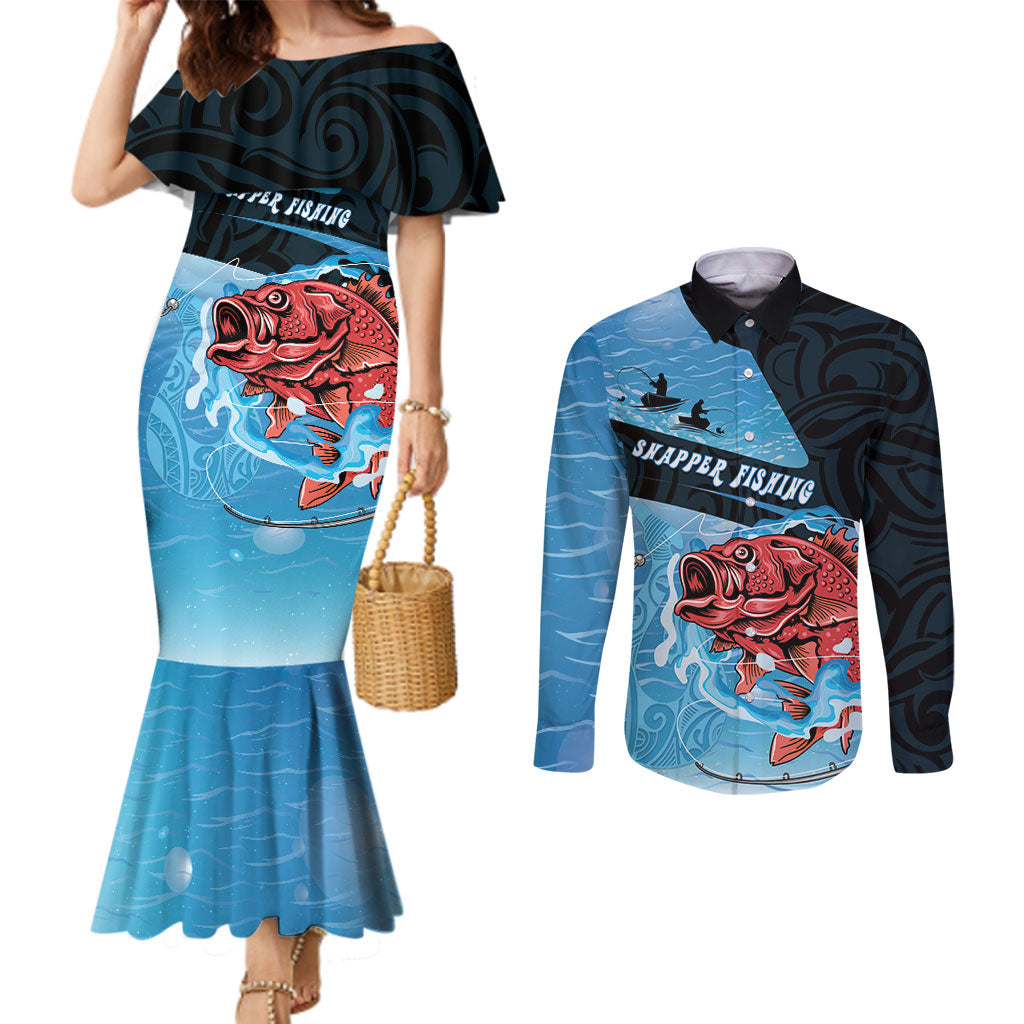 Personalised Snapper Fishing New Zealand Couples Matching Mermaid Dress and Long Sleeve Button Shirt Tamure Fish Hook Maori Pattern LT22 Blue - Polynesian Pride