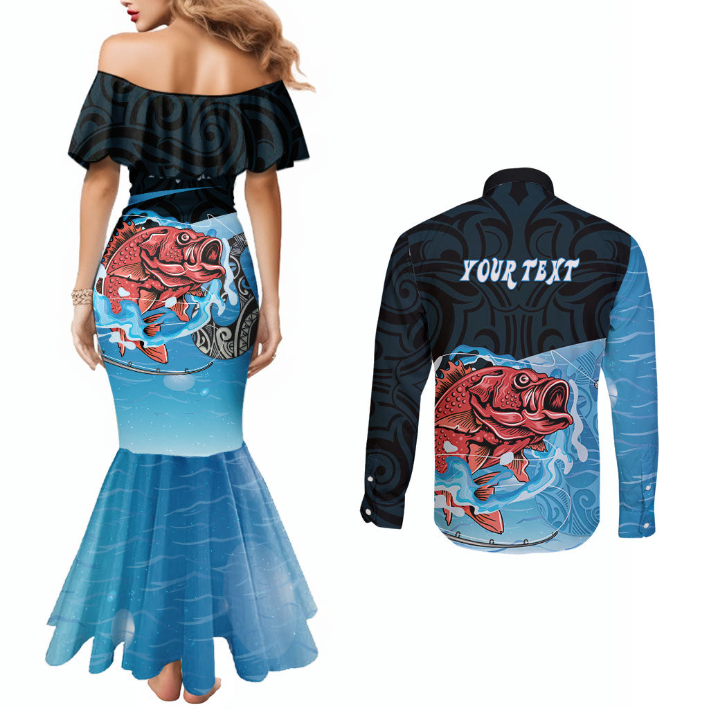 Personalised Snapper Fishing New Zealand Couples Matching Mermaid Dress and Long Sleeve Button Shirt Tamure Fish Hook Maori Pattern LT22 - Polynesian Pride