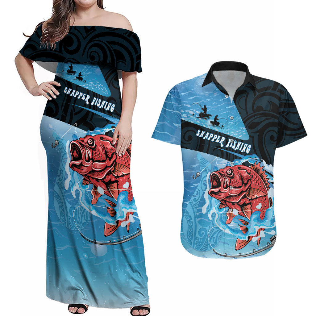 Personalised Snapper Fishing New Zealand Couples Matching Off Shoulder Maxi Dress and Hawaiian Shirt Tamure Fish Hook Maori Pattern LT22 Blue - Polynesian Pride