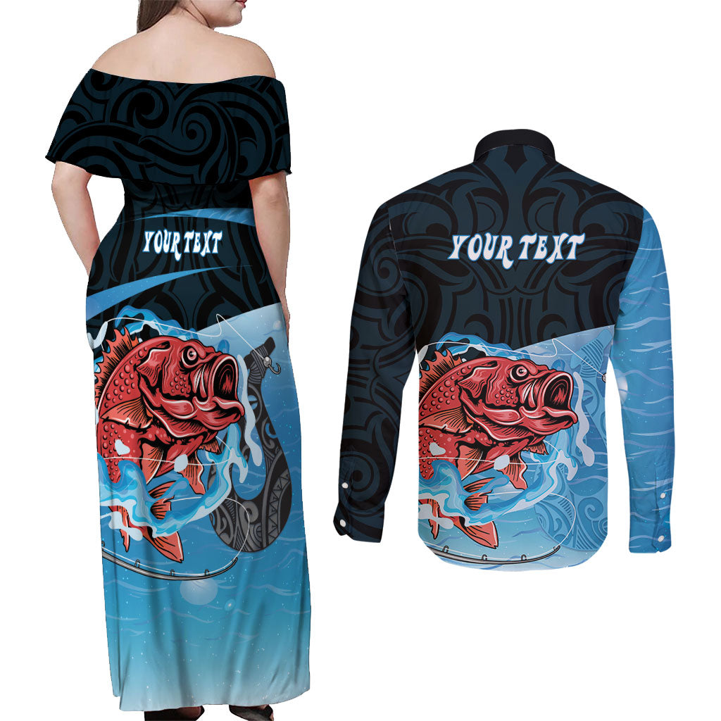 Personalised Snapper Fishing New Zealand Couples Matching Off Shoulder Maxi Dress and Long Sleeve Button Shirt Tamure Fish Hook Maori Pattern LT22 - Polynesian Pride