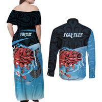 Personalised Snapper Fishing New Zealand Couples Matching Off Shoulder Maxi Dress and Long Sleeve Button Shirt Tamure Fish Hook Maori Pattern LT22 - Polynesian Pride