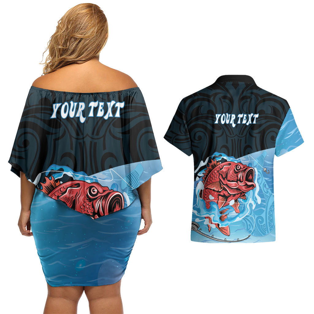 Personalised Snapper Fishing New Zealand Couples Matching Off Shoulder Short Dress and Hawaiian Shirt Tamure Fish Hook Maori Pattern LT22 - Polynesian Pride